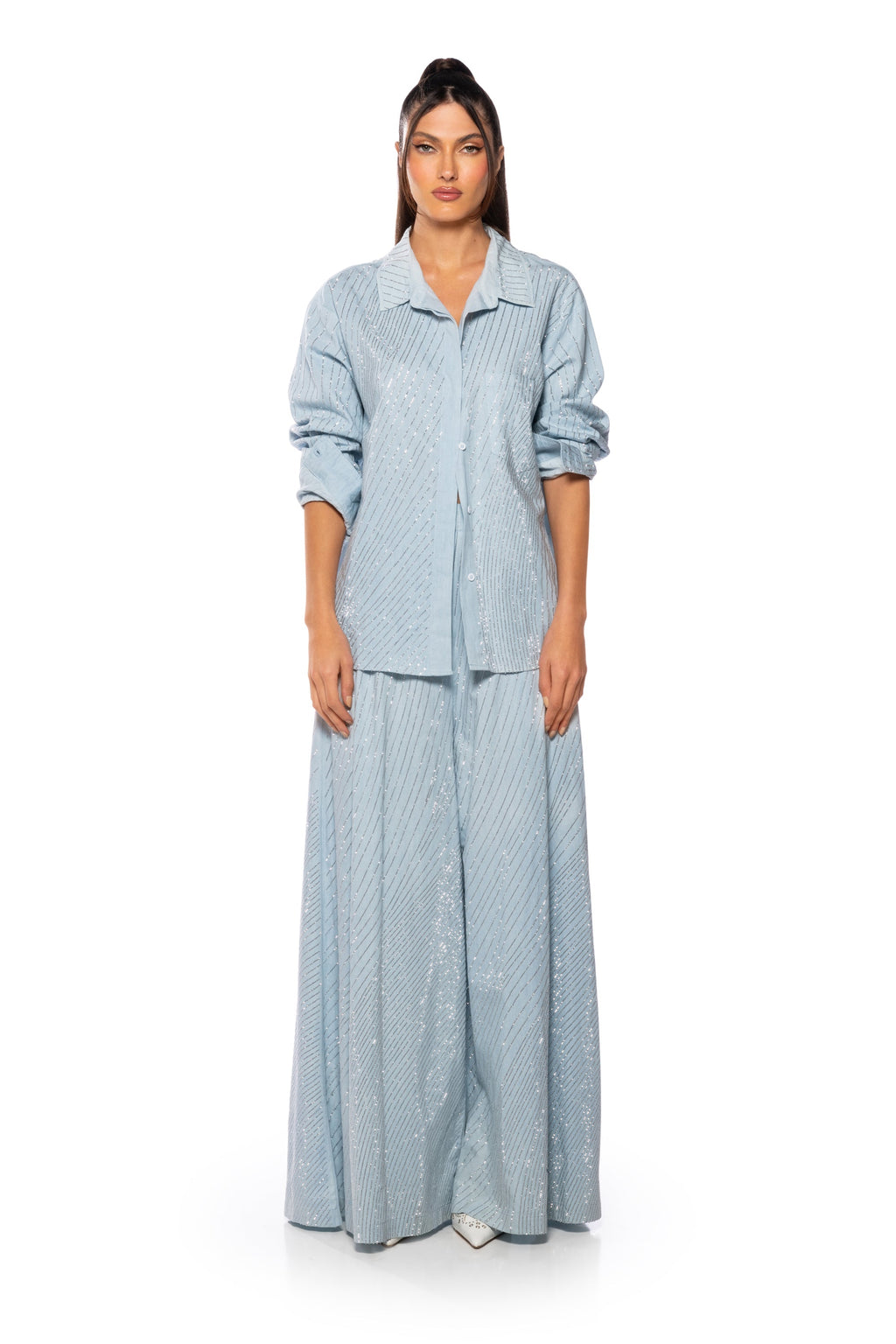 DENIMANIA RHINESTONE WIDE LEG DENIM PANTS
