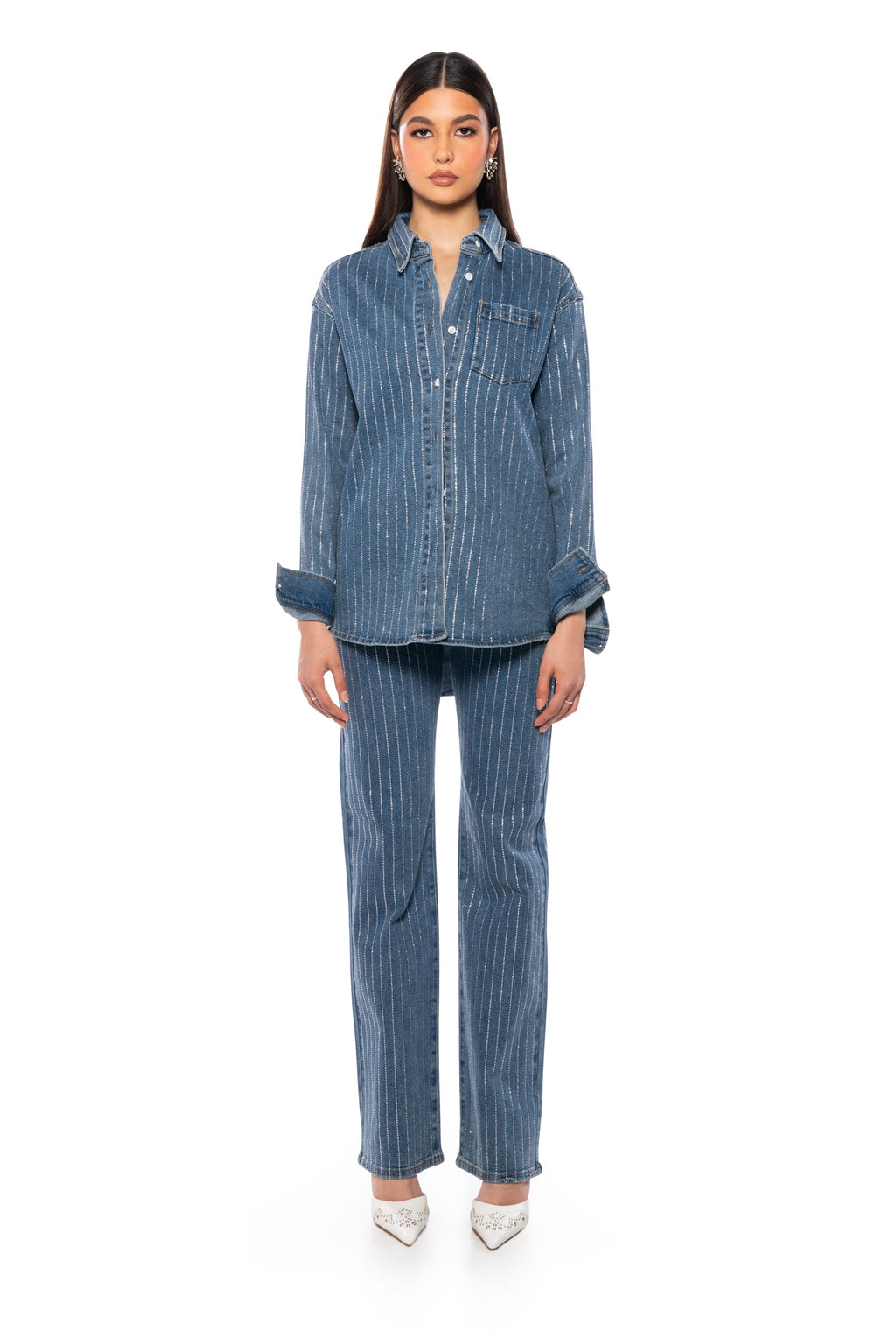 EFFORTLESS GLAM RHINESTONE STRIPE BUTTON DOWN SHIRT
