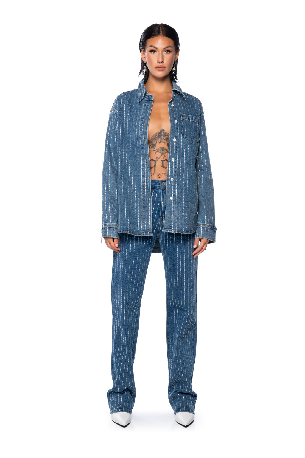 EFFORTLESS GLAM RHINESTONE STRIPE WIDE LEG JEAN