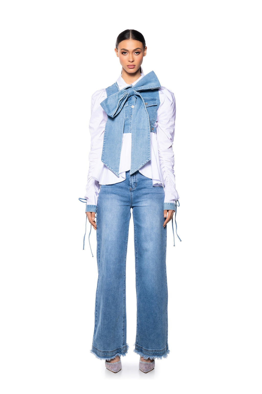 FAITH DENIM TIE POPLIN BLOUSE