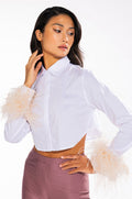 FEATHERS ON MY MIND CROPPED POPLIN SHIRT WITH FEATHERS