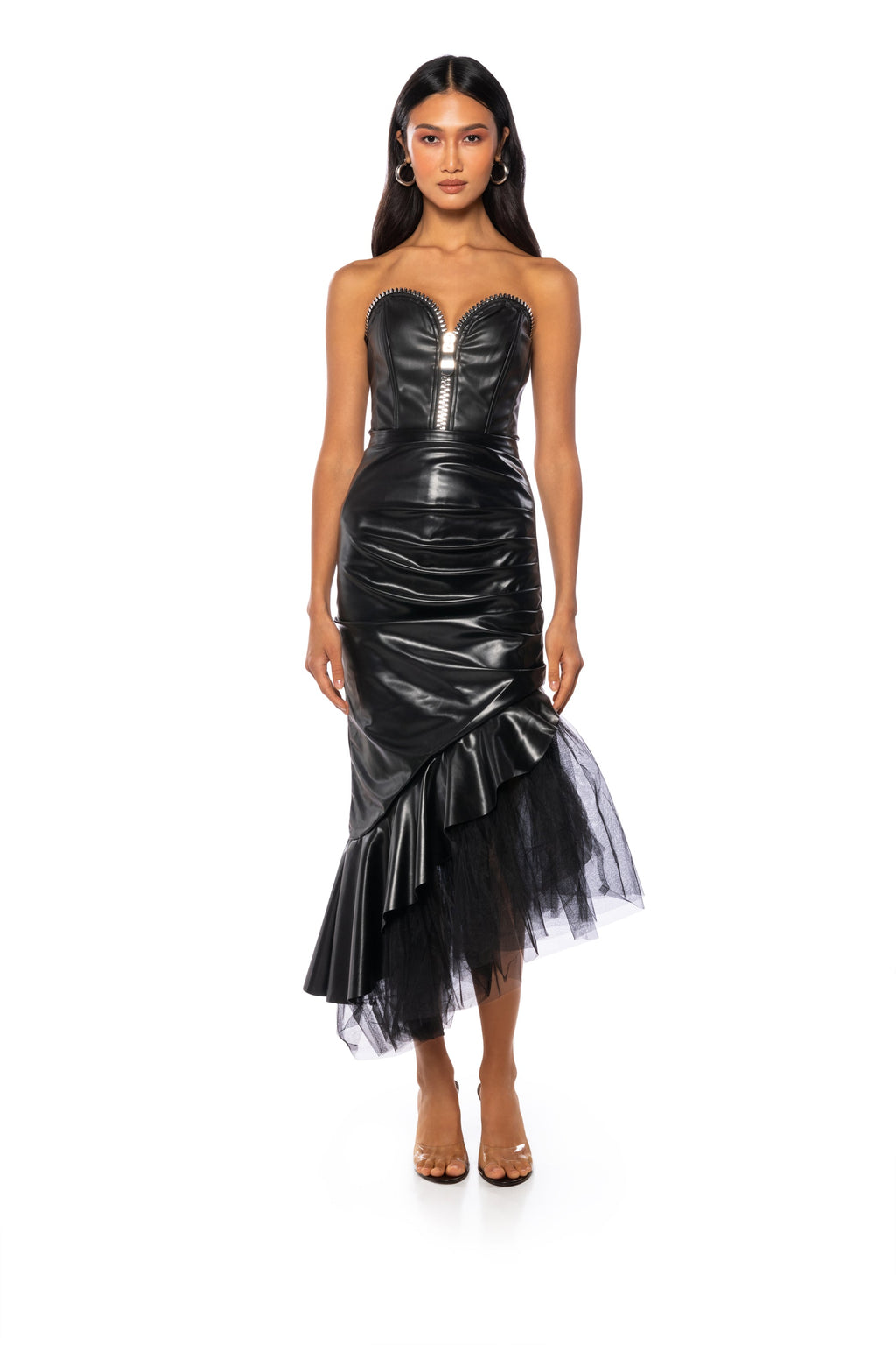 FEMININE FLARE TULLE AND FAUX LEATHER MAXI SKIRT