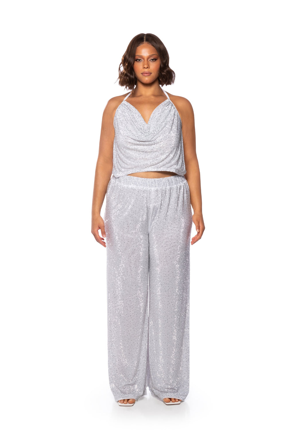 GLITZY RHINESTONE MESH PALAZZO PANT