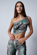 NOT YOURS BRALETTE DETAIL LAYERED PAINTED BUTTON DOWN BLOUSE
