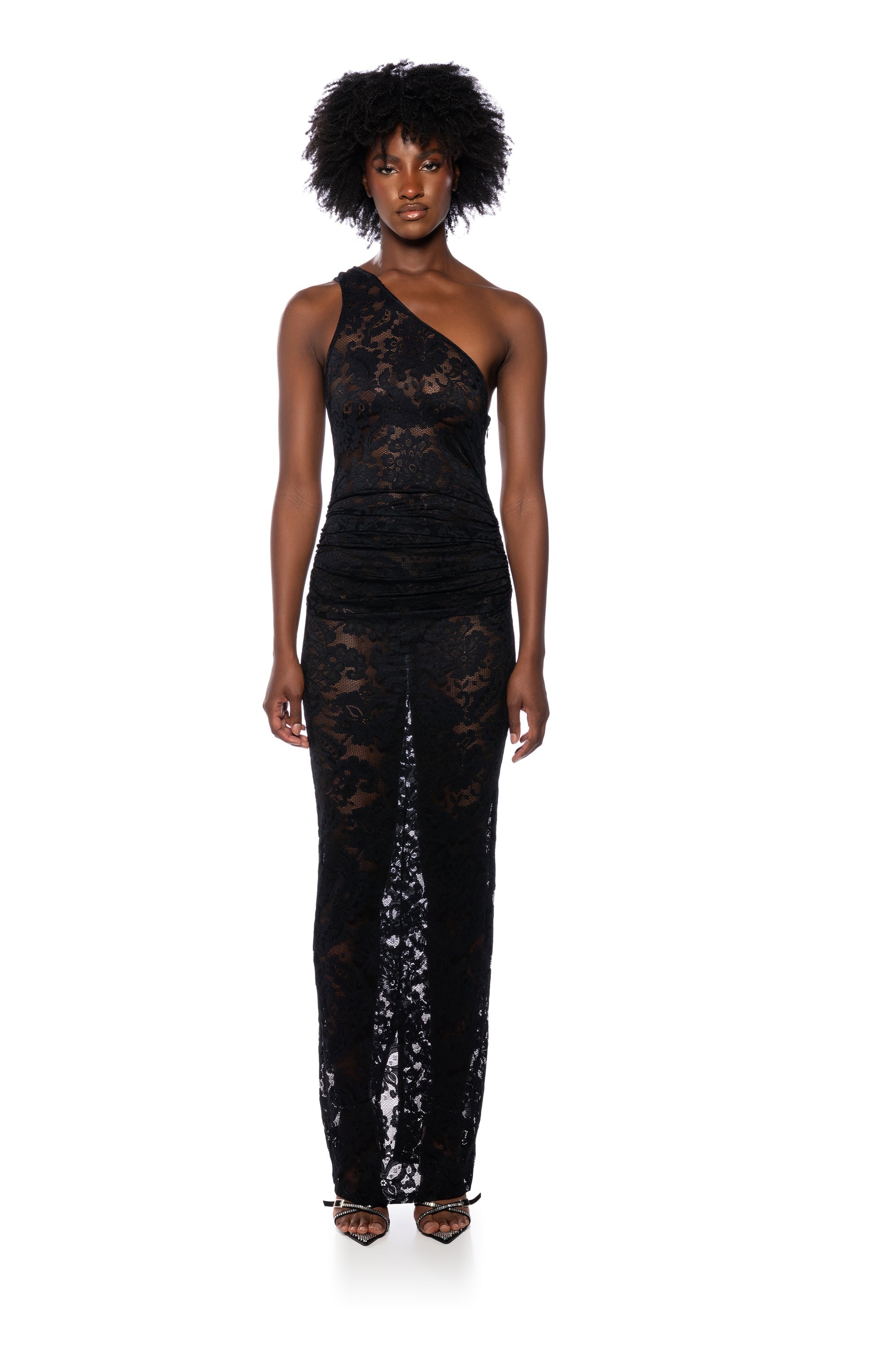 MESH FLORAL ONE SHOULDER MIDI RUCHED DRESS