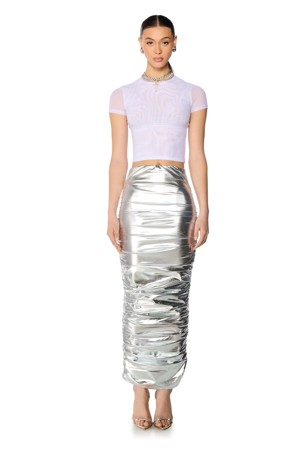 LUNA RUCHED METALLIC MAXI SKIRT