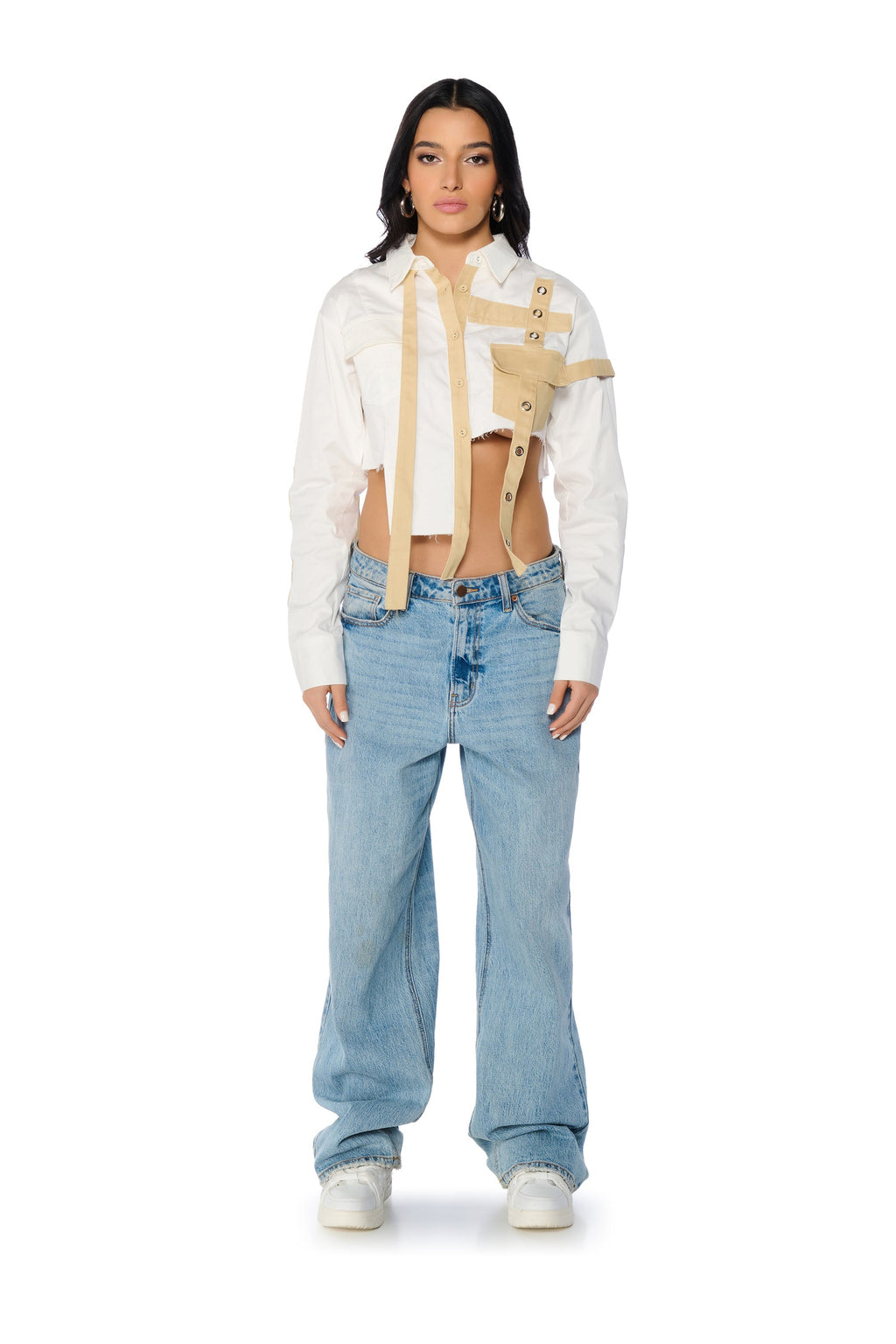 PARK STRAP DETAIL BUTTON DOWN BLOUSE IN WHITE MULTI