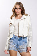 PEARL AND RHINESTONE SLEEVE FAUX LEATHER MOTO JACKET