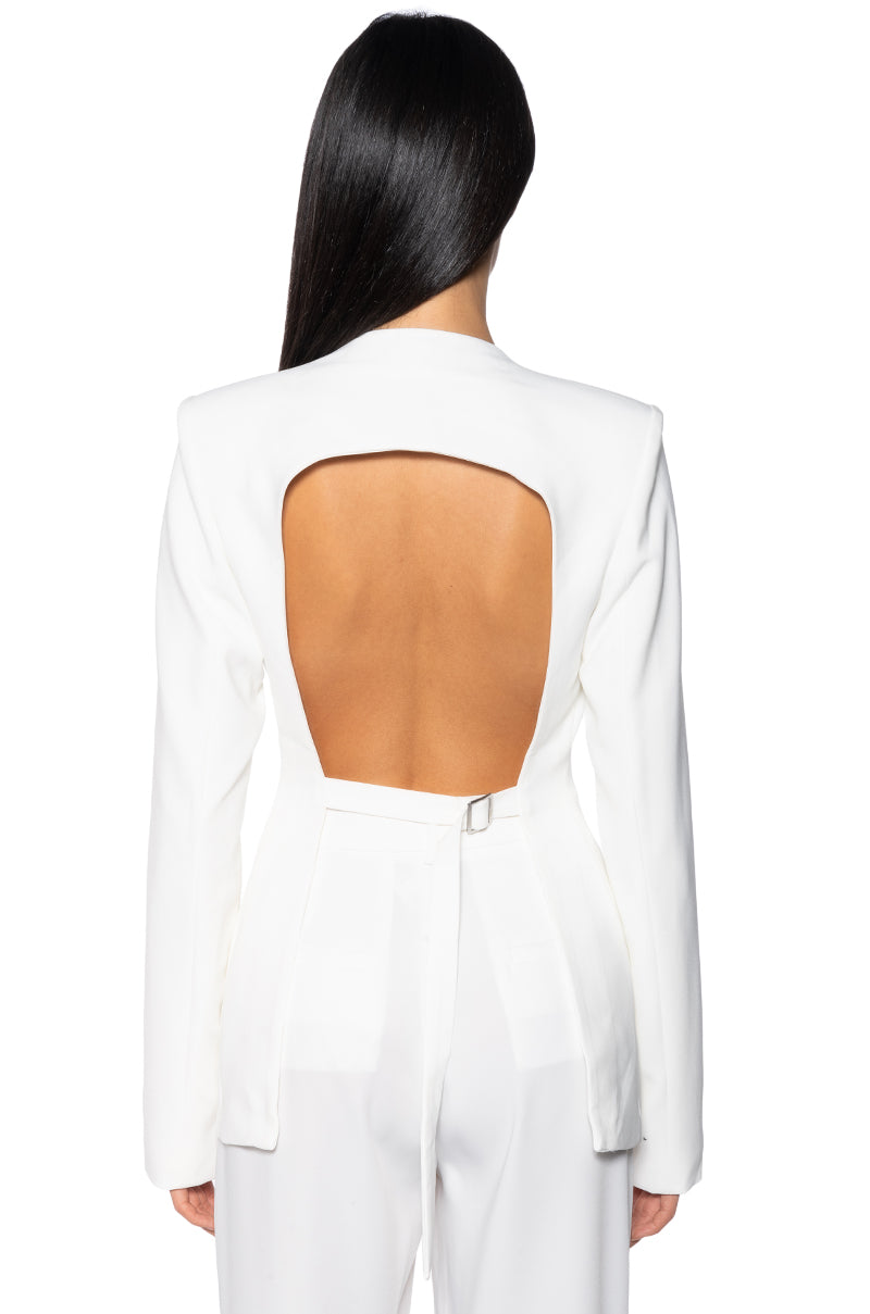 PEEK A BOO RHINESTONE ACCENT BLAZER IN WHITE