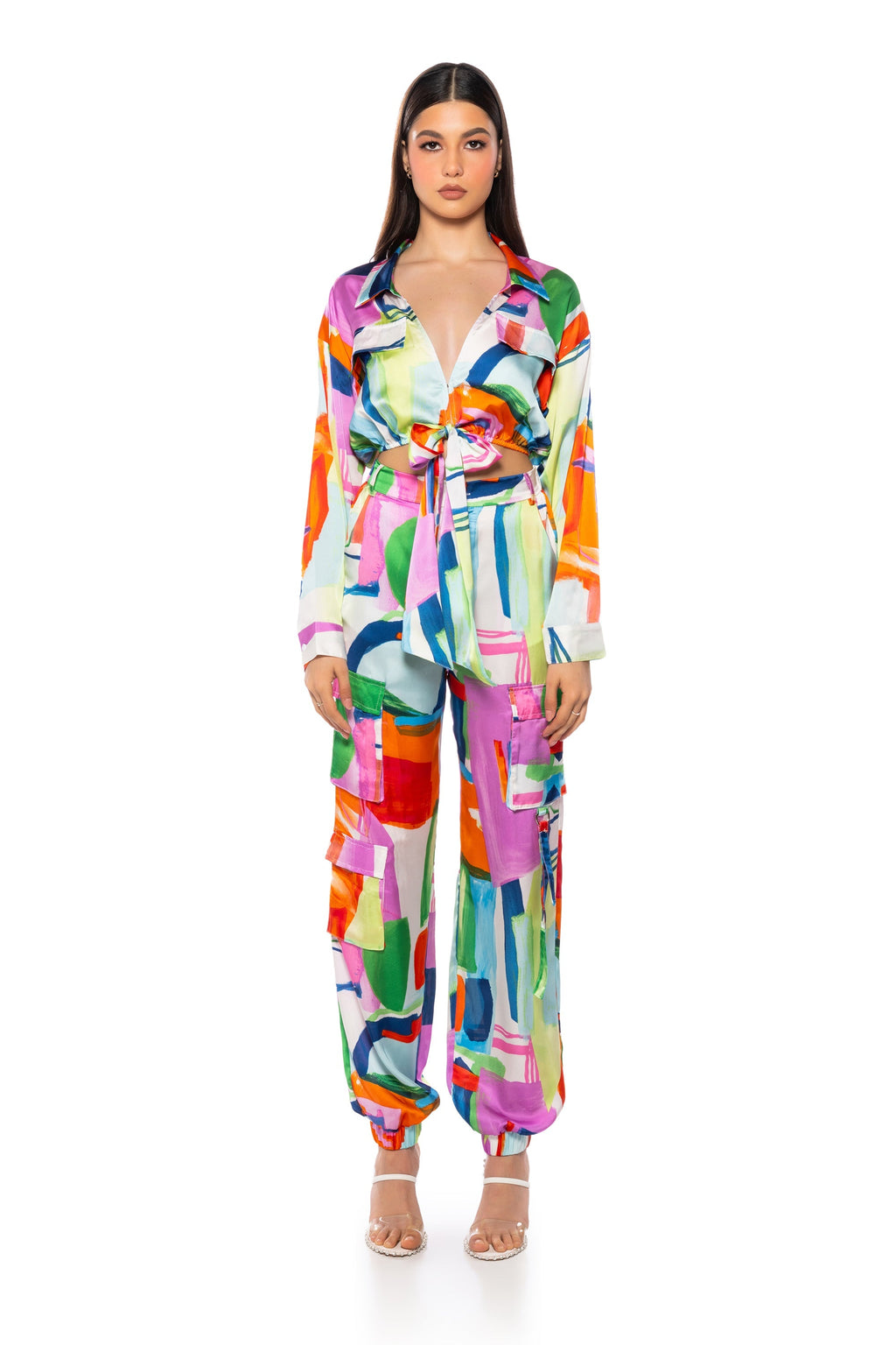 QUINN ABSTRACT PRINTED SATIN TIE FRONT BLOUSE