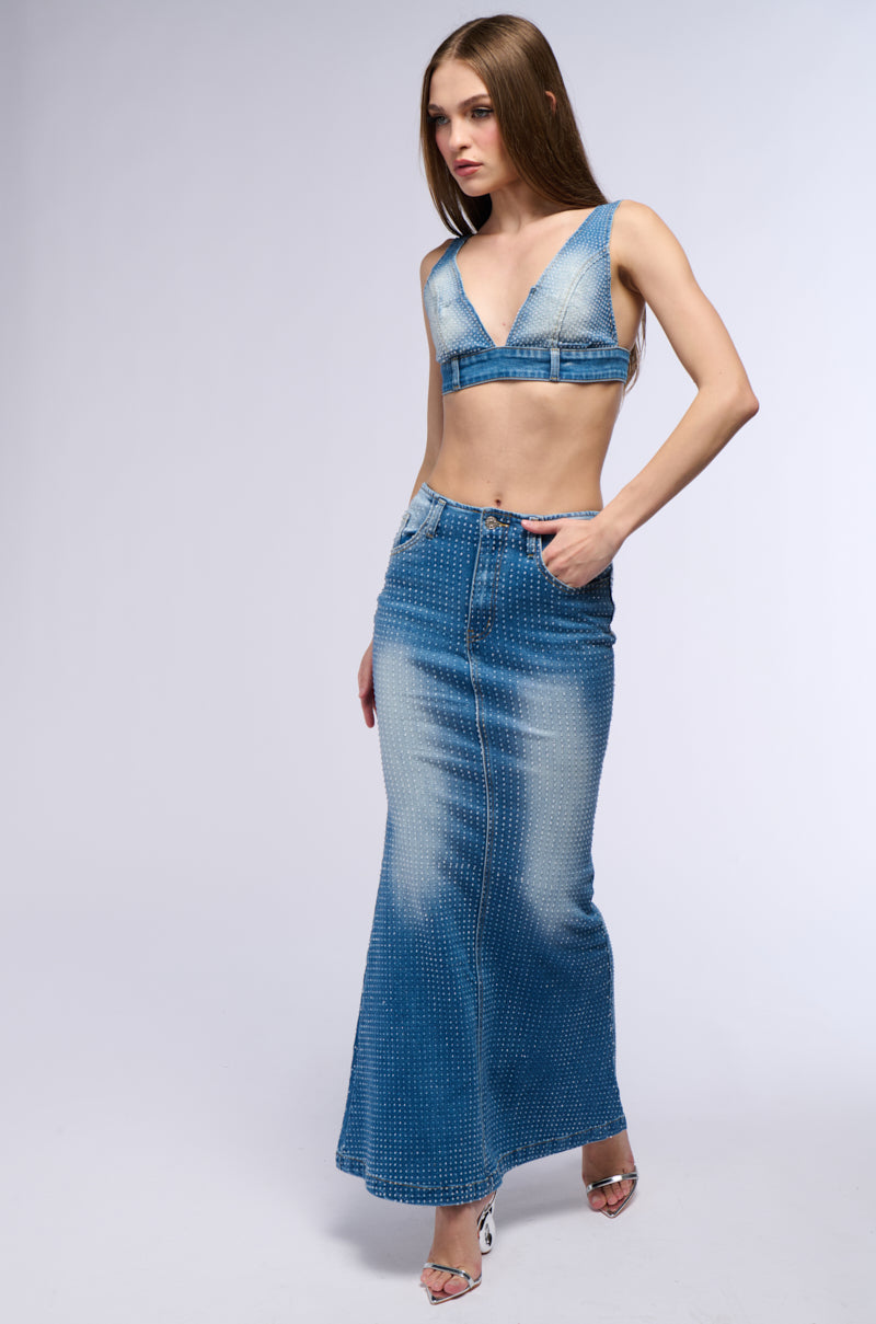 RICH GIRL ENERGY EMBELLISHED DENIM BRA TOP