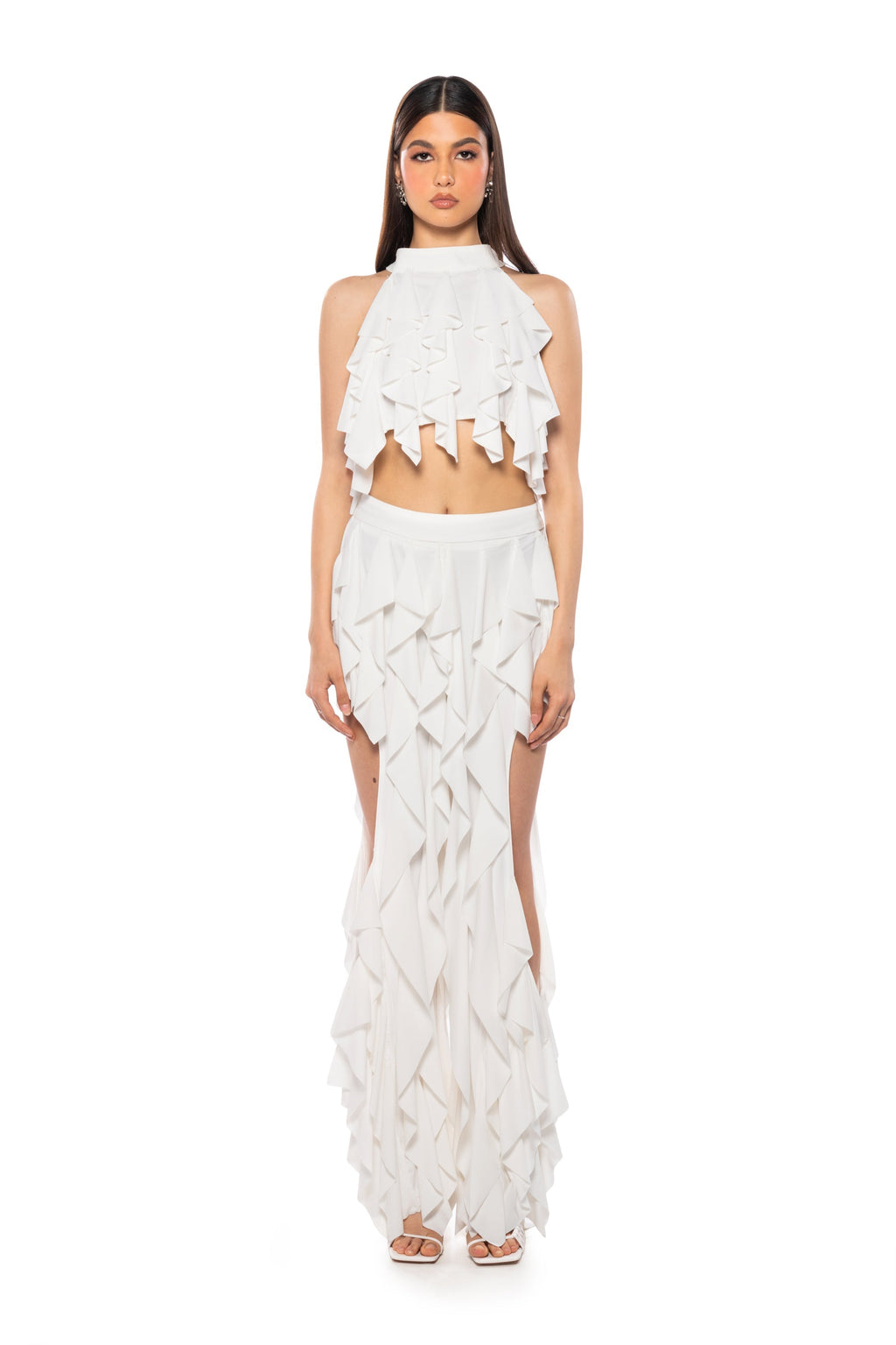 SERENITY RUFFLED HALTER NECK TOP IN WHITE