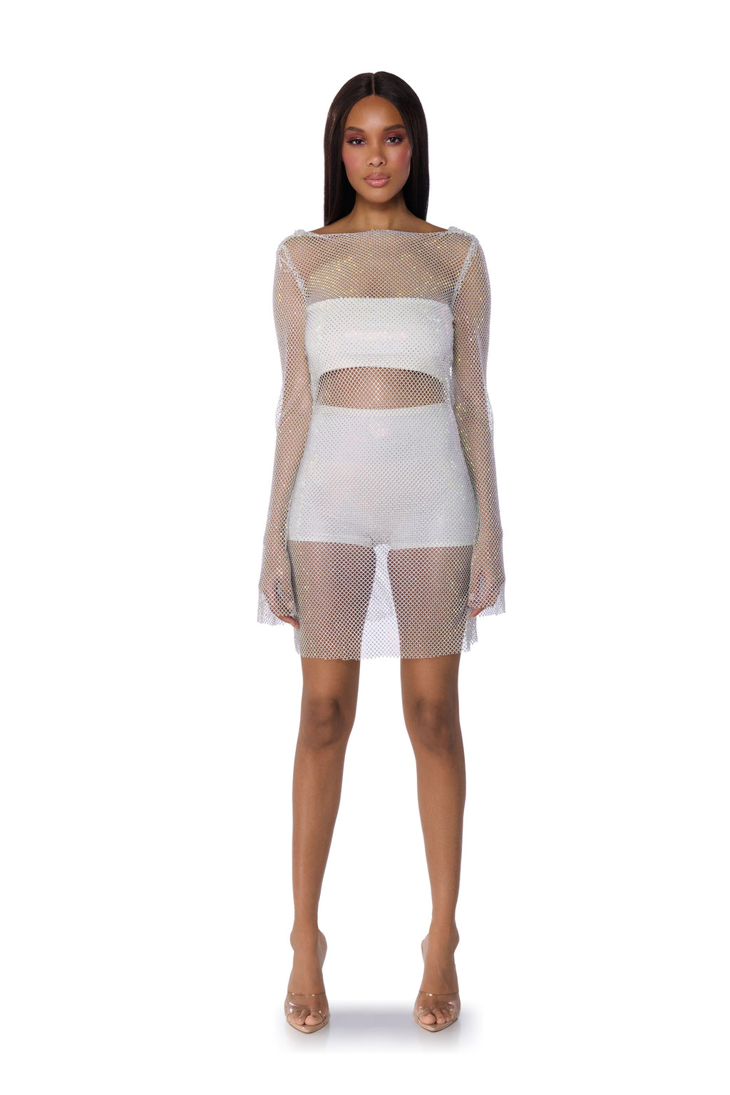 SHES ALL THAT RHINESTONE MESH MINI DRESS IN WHITE