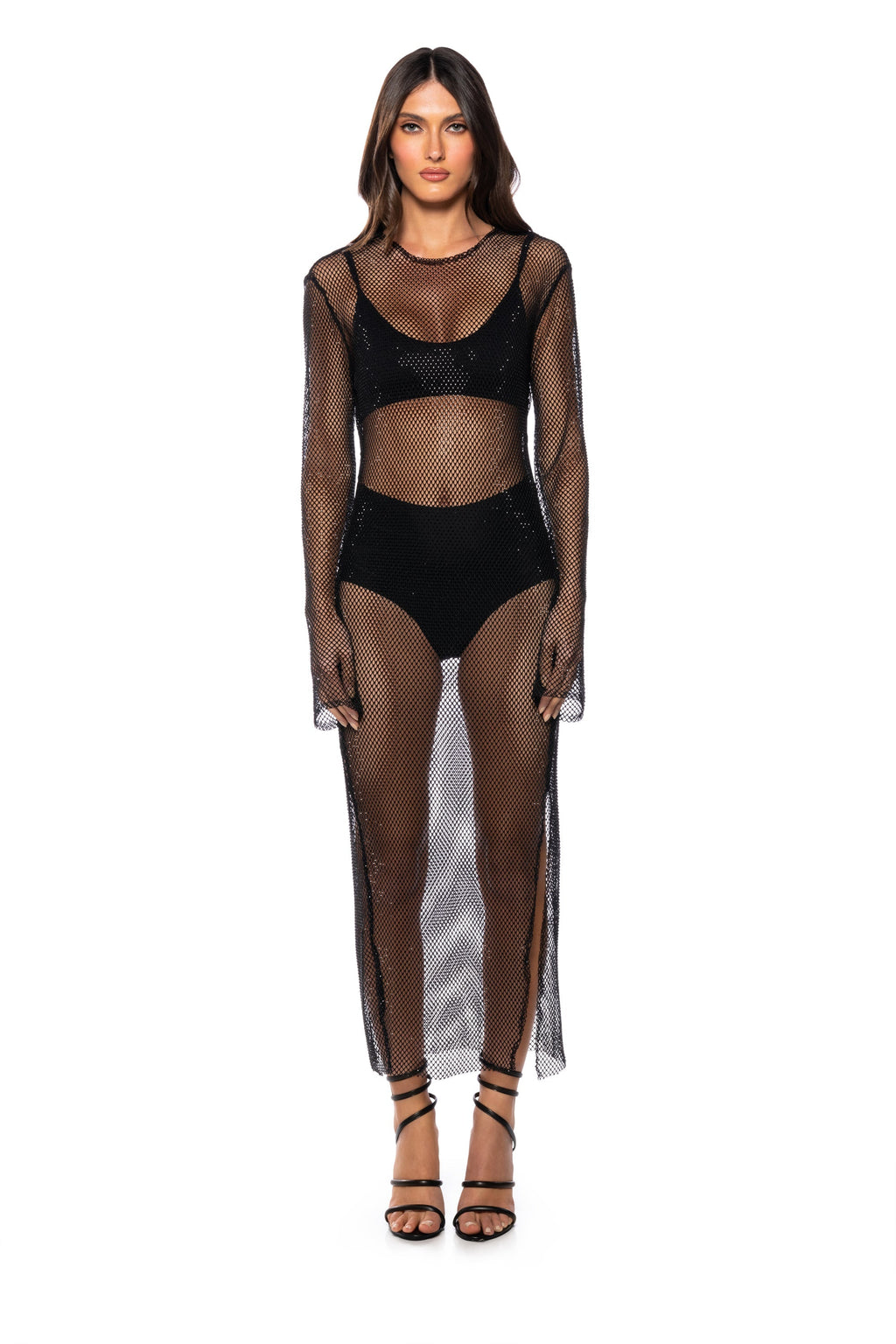 STAR OF THE NIGHT MESH LONGSLEEVE MAXI DRESS IN BLACK