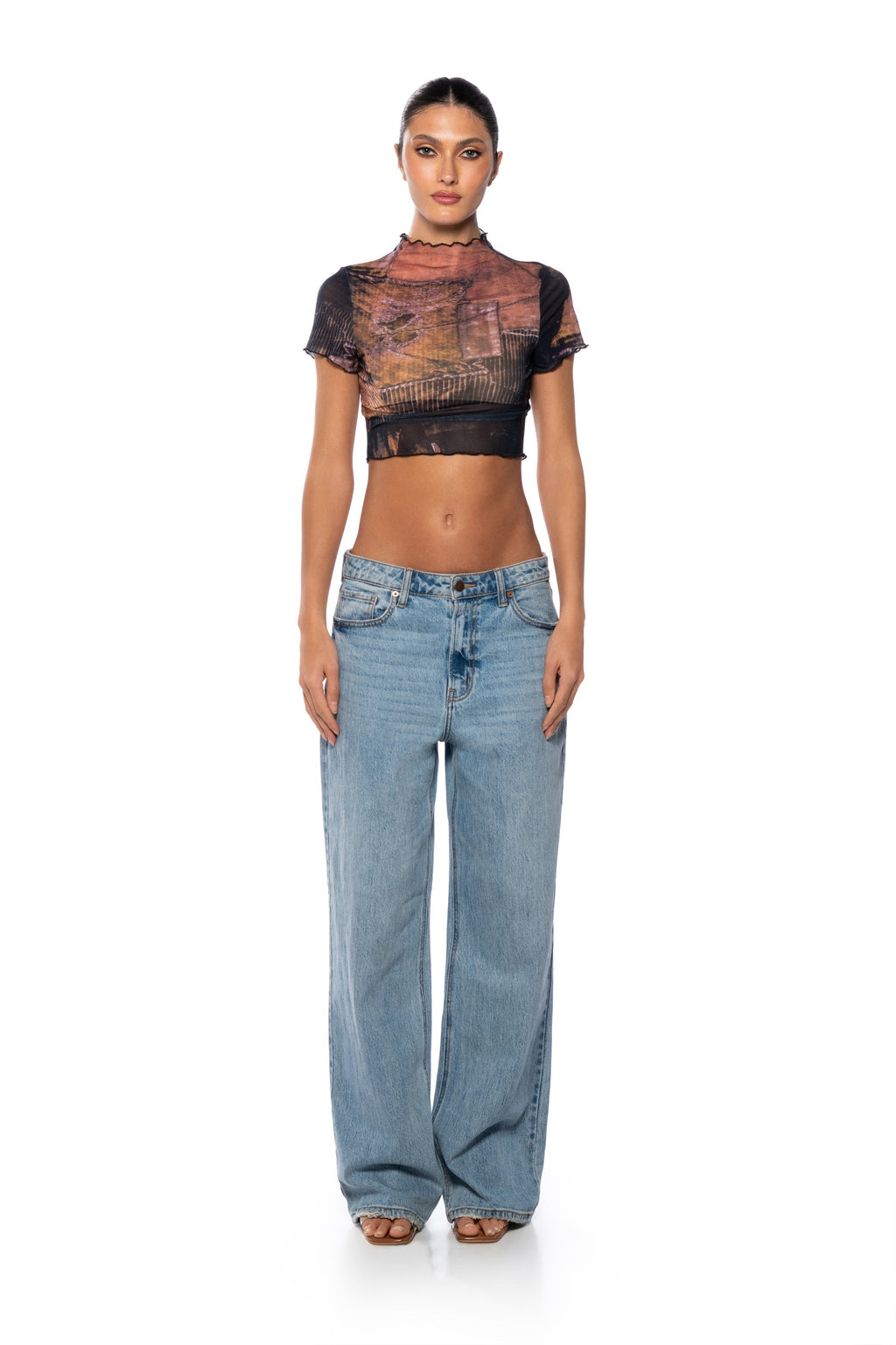 TIA LETTUCE HEM PRINTED MESH TEE