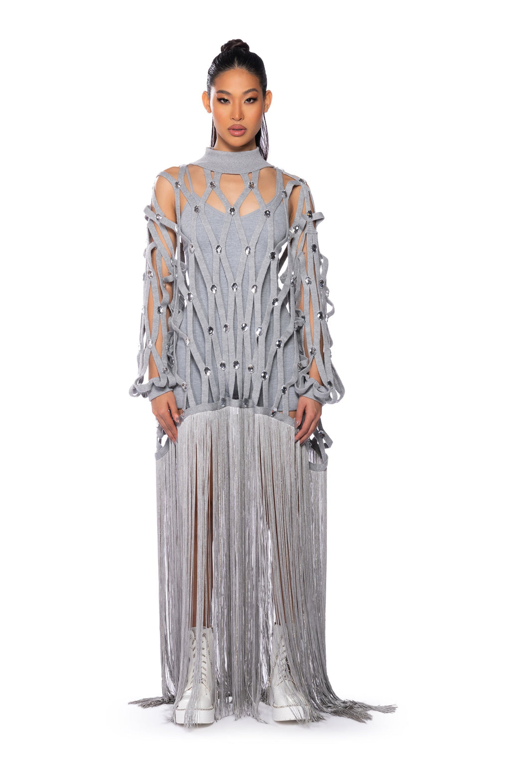 TIED UP FRINGE EMBELLISHED LONG SWEATER